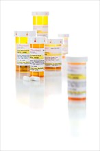 Non-Proprietary medicine prescription bottles and pills isolated on a white background