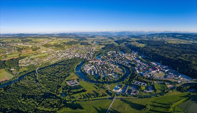 Aerial view of the town of Bremgarten and the meandering Reuss river in the Reuss valley of the canton of Aargau