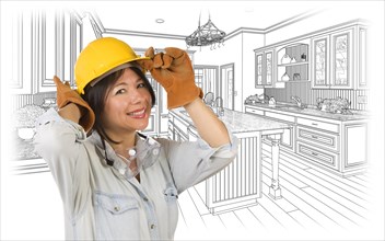Pretty hispanic woman in hard hat and gloves with kitchen drawing behind