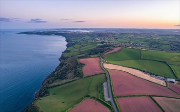 Devon Fields and Farmlands at sunset time from a drone over Shaldon and Teignmouth from Labrador Bay