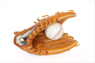 Baseball catcher mitt with ball inside isolated on white background