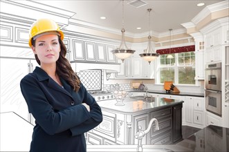 Female contractor over kitchen drawing gradating to photo
