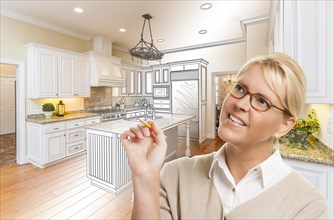 Creative woman with pencil over custom kitchen design drawing and photo combination