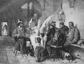 Guests and landlord in alpine traditional costume in an inn around 1888