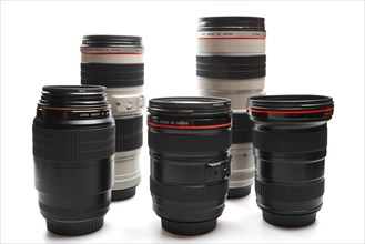Set of camera lenses isolated on white background