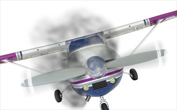 Front of a cessna 172 with smoke coming from engine on white