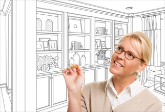 Young woman over custom built-in shelves and cabinets design drawing