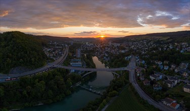 Aerial view at sunset over the Limmat bridge from Baden to Obersiggenthal in the canton of Aargau
