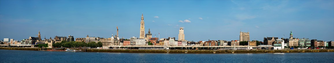 Panorama of Antwerp over the River Scheldt with Cathedral of Our Lady Onze-Lieve-Vrouwekathedraal Antwerpen