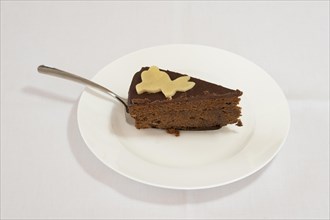 A piece of chocolate cake with cake server on a cake plate