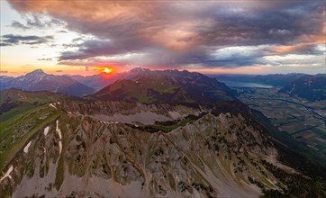 Aerial view of the Combe de Dreveneuse above Monthey at sunset in the canton of Valais
