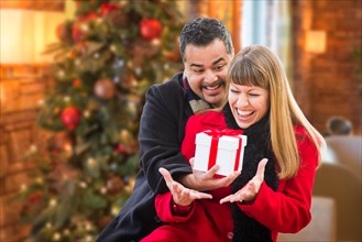 mixed-race couple sharing christmas in front of decorated tree