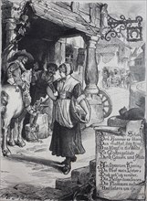 Young woman passing a blacksmith's shop