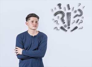 Thoughtful young man looking up with exclamation marks