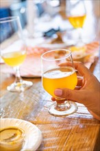 Female hand holding glass of micro brew beer at bar