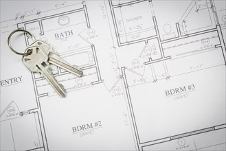 Set of new house keys resting on custom house plans