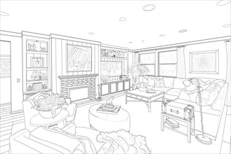 Detailed black line drawing of a custom living room