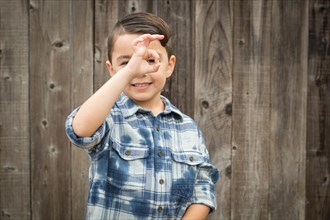 Happy young mixed-race boy making okay hand gesture