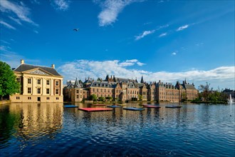 View of the Binnenhof House of Parliament and Mauritshuis museum and the Hofvijver lake