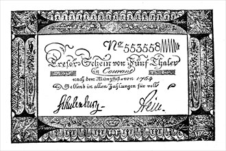 Prussian vault note of five thalers from 1806
