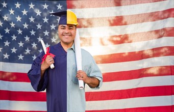 Split screen male hispanic graduate in cap and gown to engineer in hard hat in front of american flag