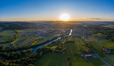 Aerial view at sunset over the town of Mellingen in the Reuss Valley