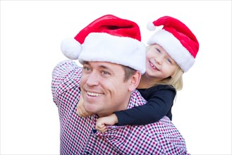 Happy father and daughter wearing santa hats isolated on white background