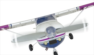 The front of A cessna 172 single propeller airplane isolated on A white background