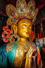 Maitreya Buddha statue close up in Thiksey Gompa. Ladakh