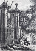 Lovers in front of the gate to a park