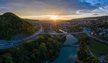 Aerial view at sunset over the Limmat bridge from Baden to Obersiggenthal in the canton of Aargau