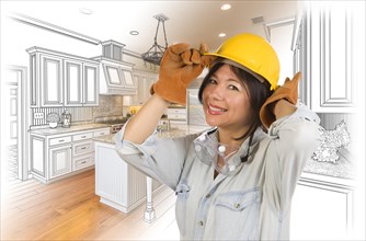 Pretty hispanic woman in hard hat and gloves with kitchen drawing and photo gradation behind