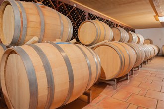 Wine barrels and bottles age inside dark cellar