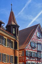 Half-timbered house and facade with turret