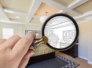 Hand holding magnifying glass revealing custom bedroom design drawing and photo combination