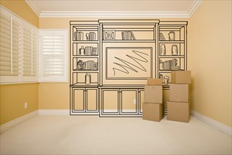 Moving boxes in empty room with shelf design drawing on the wall
