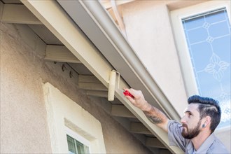 Professional painter using A small roller to paint house fascia