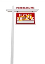 Right facing foreclosure sold for sale real estate sign isolated on white