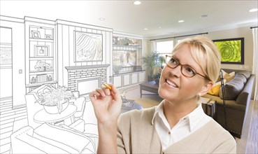 Woman with pencil over living room design drawing and photo combination