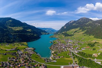 Aerial view of Lake Lunger with the village of Lungern in the canton of Obwalden