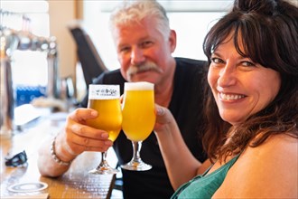 Attractive middle-aged couple toasting glasses of micro brew beer at bar