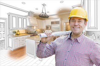 Smiling contractor in hard hat with roll of plans over custom kitchen drawing and photo combination