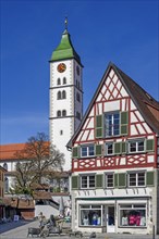 Tower of St. Martin's Church and half-timbered house with St. Anthony's Fountain by Werner Guertner in the historic old town on Saumarkt