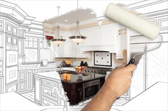 Before and after of man painting roller to reveal newly remodeled kitchen under pencil drawing plans