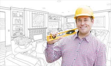 Smiling contractor in hard hat with level over custom living room drawing