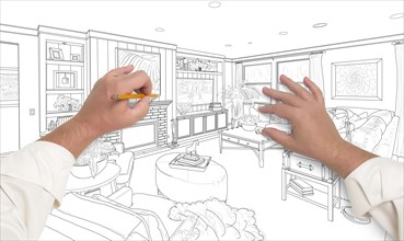 Male hands drawing custom living room design on white