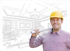 Smiling contractor in hard hat with level over custom bedroom drawing