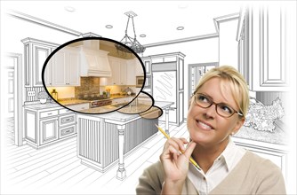 Creative woman with pencil over custom kitchen drawing and thought bubble photo combination