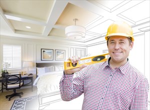 Smiling contractor in hard hat with level over custom bedroom drawing and photo combination