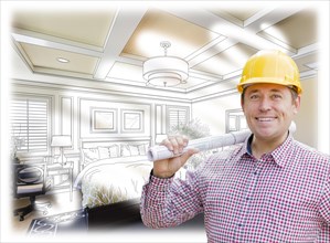Smiling contractor in hard hat with roll of plans over custom bedroom drawing and photo combination